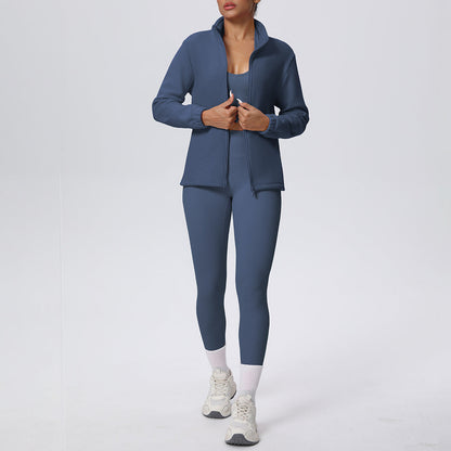 Skinny High Waist Hip Lift Nude Feel & Long Sleeve Zipper Fleece Padded Coat Two-Piece Suit
