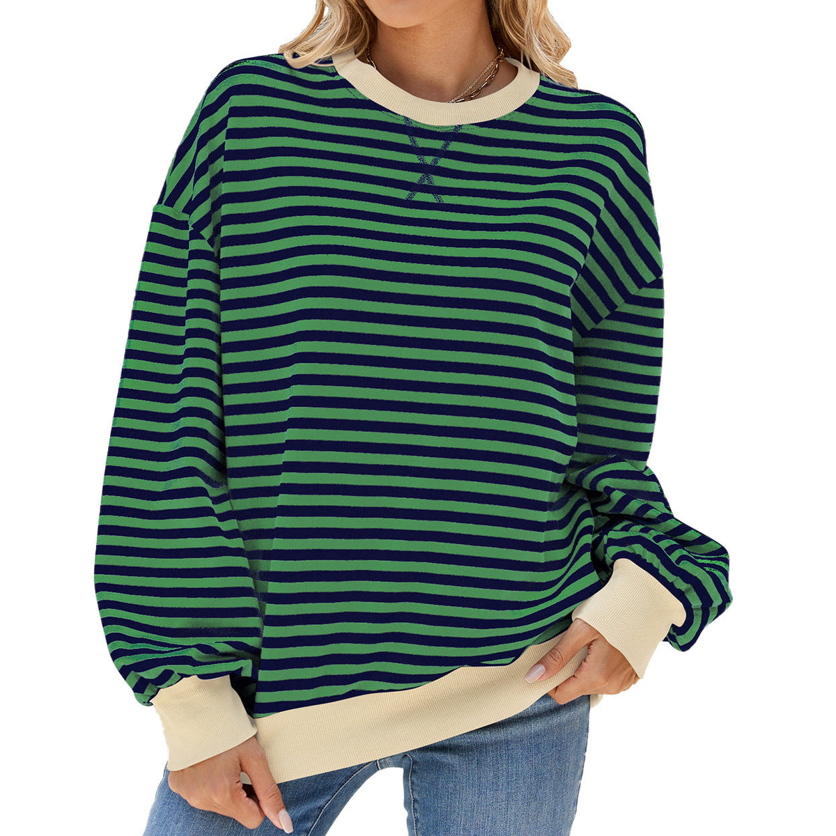 Striped Round Neck Contrast Color Long Sleeve