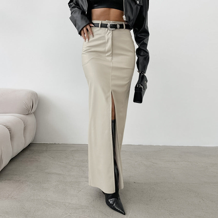 Elegant Fleece Lined Matte High Waist Slim Fit Slit Straight Skirt