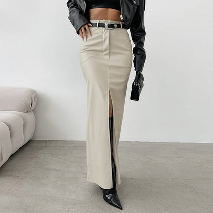 Elegant Fleece Lined Matte High Waist Slim Fit Slit Straight Skirt