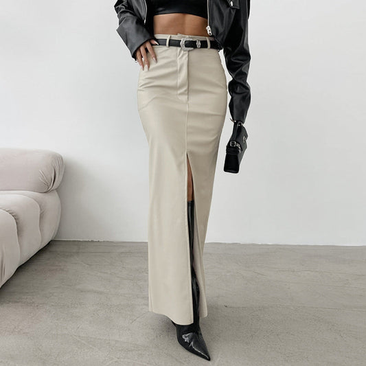 Elegant Fleece Lined Matte High Waist Slim Fit Slit Straight Skirt