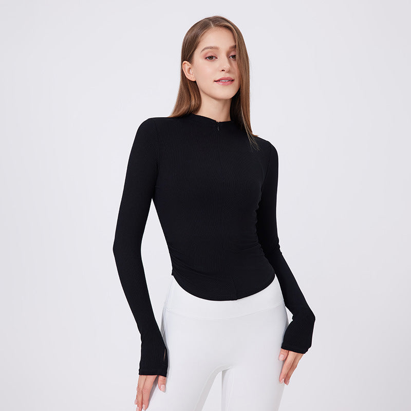 Small Waist Half Zipper Long Sleeve Blouse