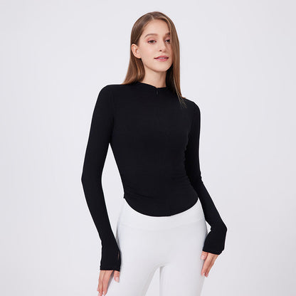 Small Waist Half Zipper Long Sleeve Blouse