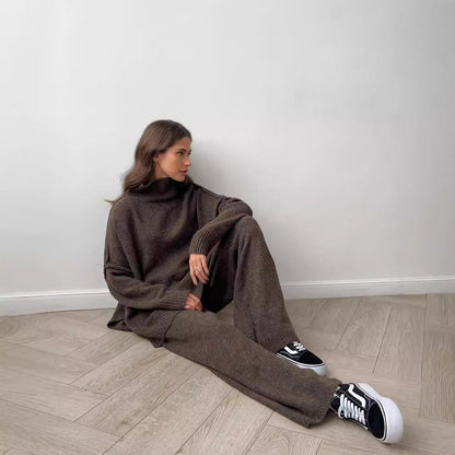 High Neck Split Wool & Knitted Trousers Two-Piece Set