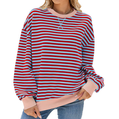 Striped Round Neck Contrast Color Long Sleeve