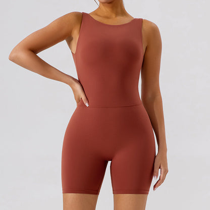 Nude Feel Hollow Cutout Tight Hip Lifting Shorts Jumpsuit