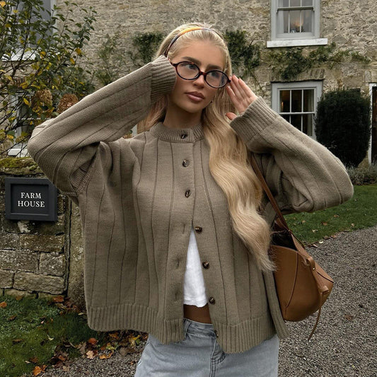Loose Sunken Stripe Round Neck Knitted Cardigan
