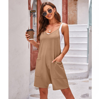 Casual Pocket Spaghetti Straps Knitted Shorts Jumpsuit