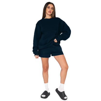 Solid Color Round Neck Long Sleeve Sweater Women Casual Shortt Set