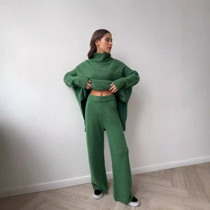 High Neck Split Wool & Knitted Trousers Two-Piece Set