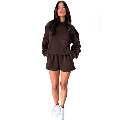 Solid Color Long-Sleeved Hooded Casual Shorts Two-Piece Set
