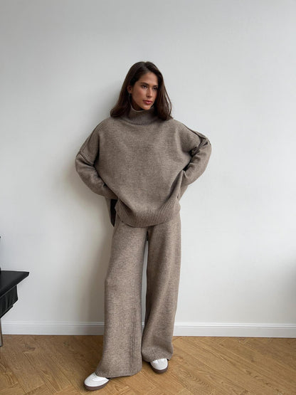 High Neck Split Wool & Knitted Trousers Two-Piece Set