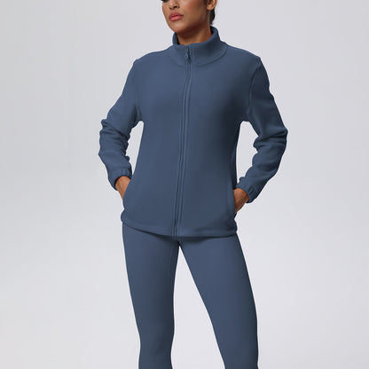 Skinny High Waist Hip Lift Nude Feel & Long Sleeve Zipper Fleece Padded Coat Two-Piece Suit