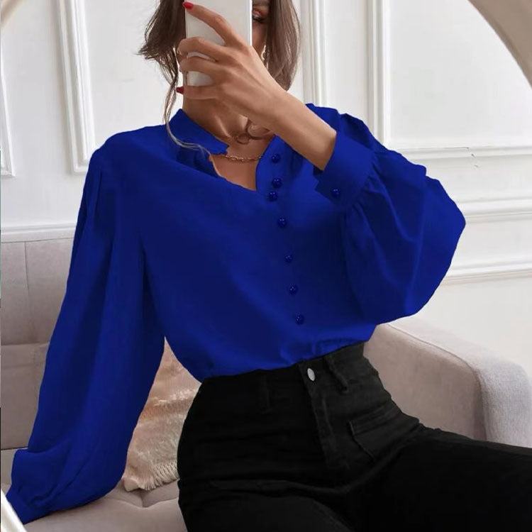 Elegant Solid Color Collared Long Sleeve Top