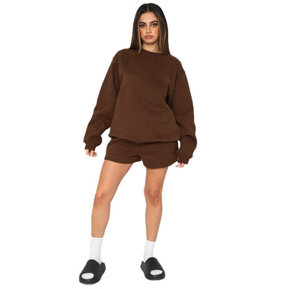 Solid Color Round Neck Long Sleeve Sweater Women Casual Shortt Set