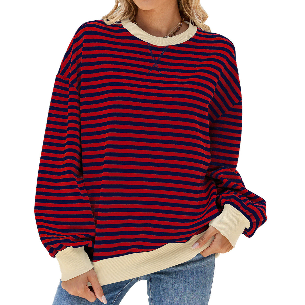 Striped Round Neck Contrast Color Long Sleeve
