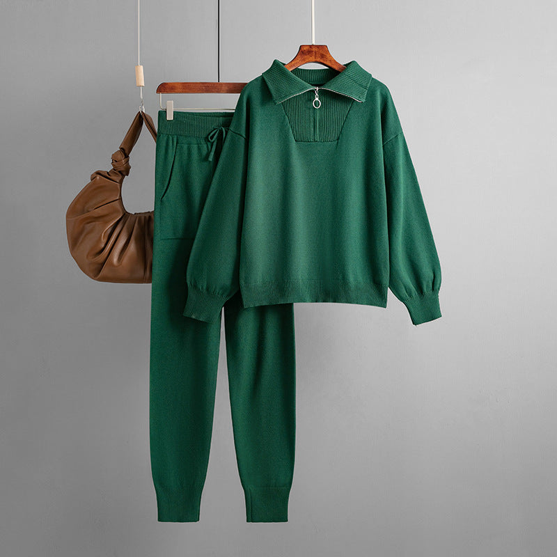Polo Collar Sweater Casual Knitted Two-Piece