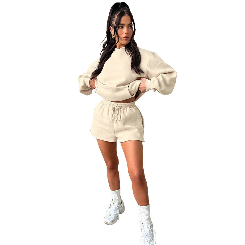 Solid Color Long-Sleeved Hooded Casual Shorts Two-Piece Set
