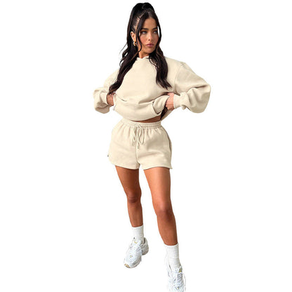 Solid Color Long-Sleeved Hooded Casual Shorts Two-Piece Set