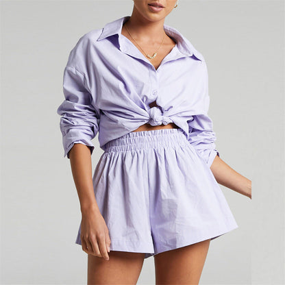Two Piece Set Solid Color Single Breasted Long Sleeve Collared Shirt Shorts Loose Casual Set