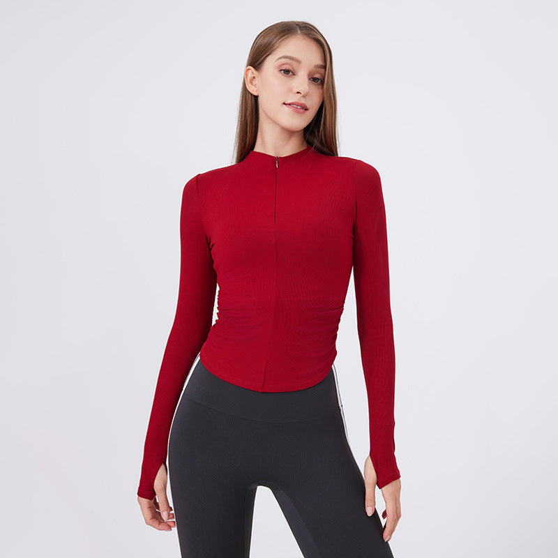 Small Waist Half Zipper Long Sleeve Blouse