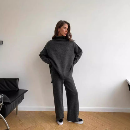 High Neck Split Wool & Knitted Trousers Two-Piece Set