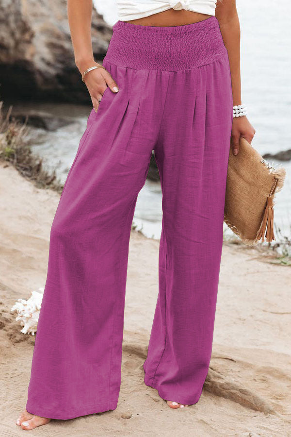 Cotton Linen Elastic Waist Wide Leg Pants