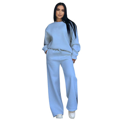 Solid Color Round Neck Long Sleeve Wide Leg Pants Suit