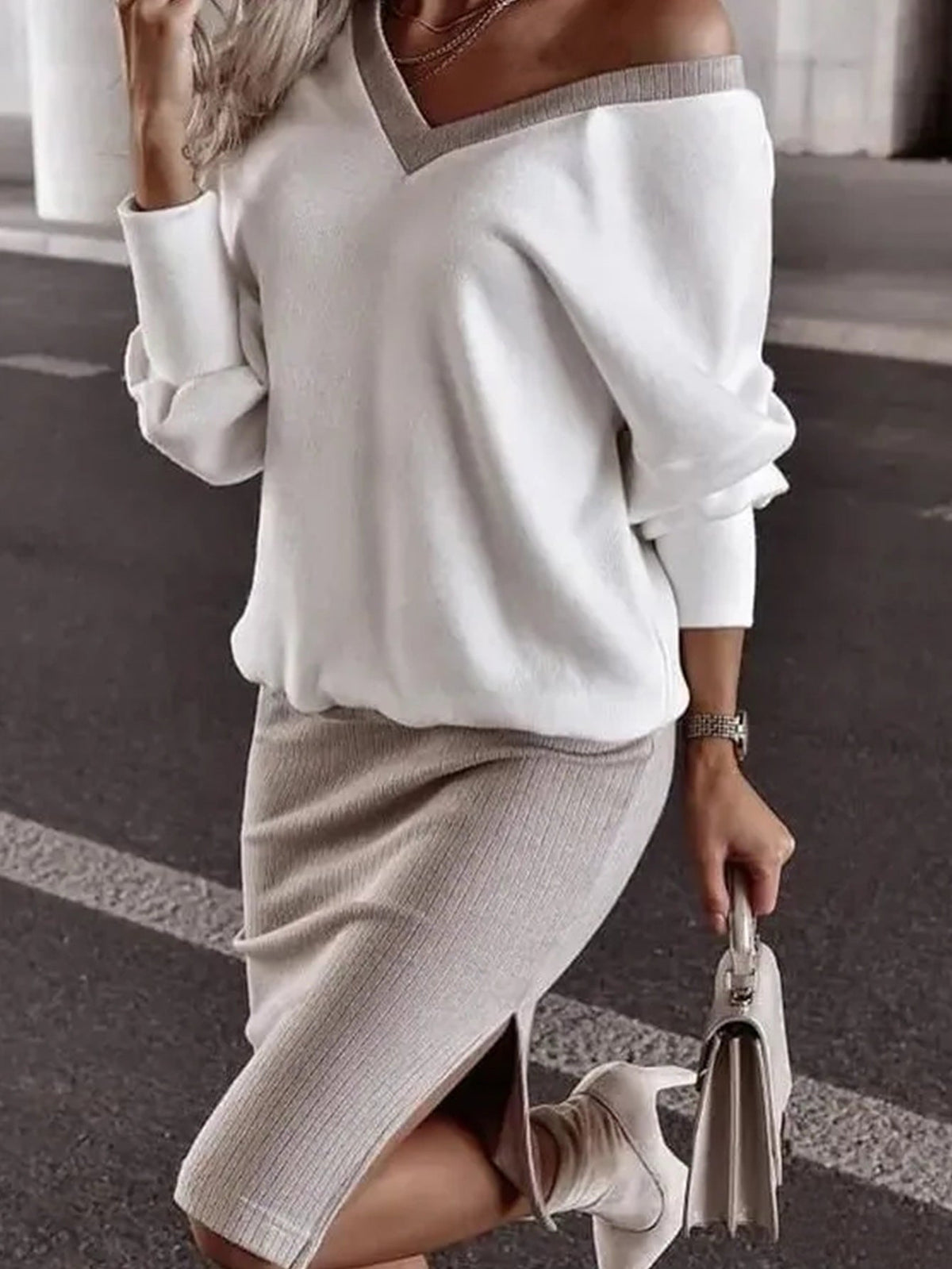 Loose V neck Sweatshirt Pencil Skirt Top Two-Piece Set
