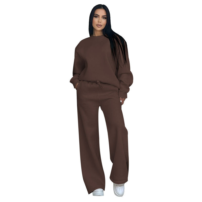 Solid Color Round Neck Long Sleeve Wide Leg Pants Suit
