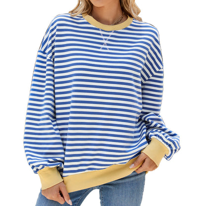 Striped Round Neck Contrast Color Long Sleeve