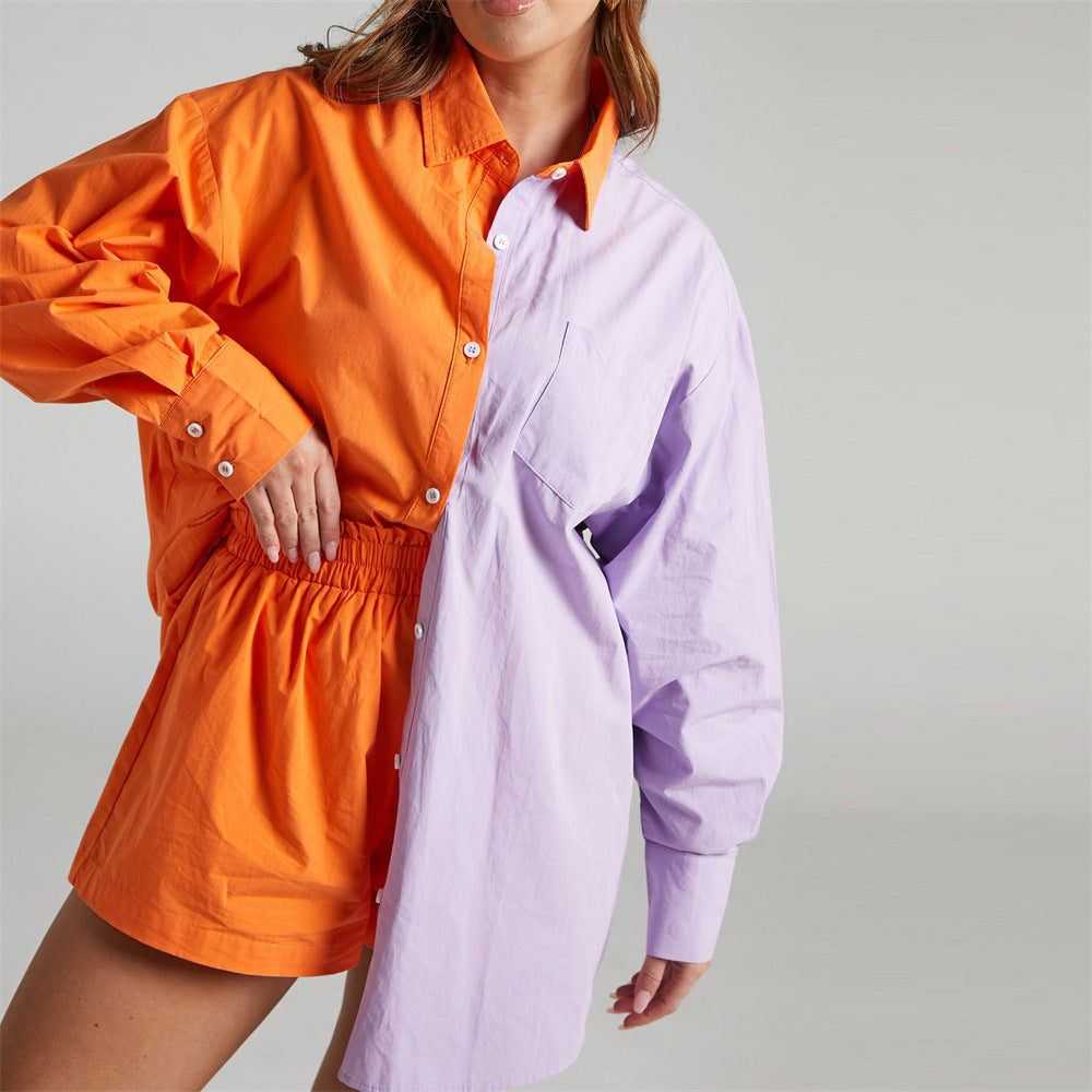 Two Piece Set Solid Color Single Breasted Long Sleeve Collared Shirt Shorts Loose Casual Set