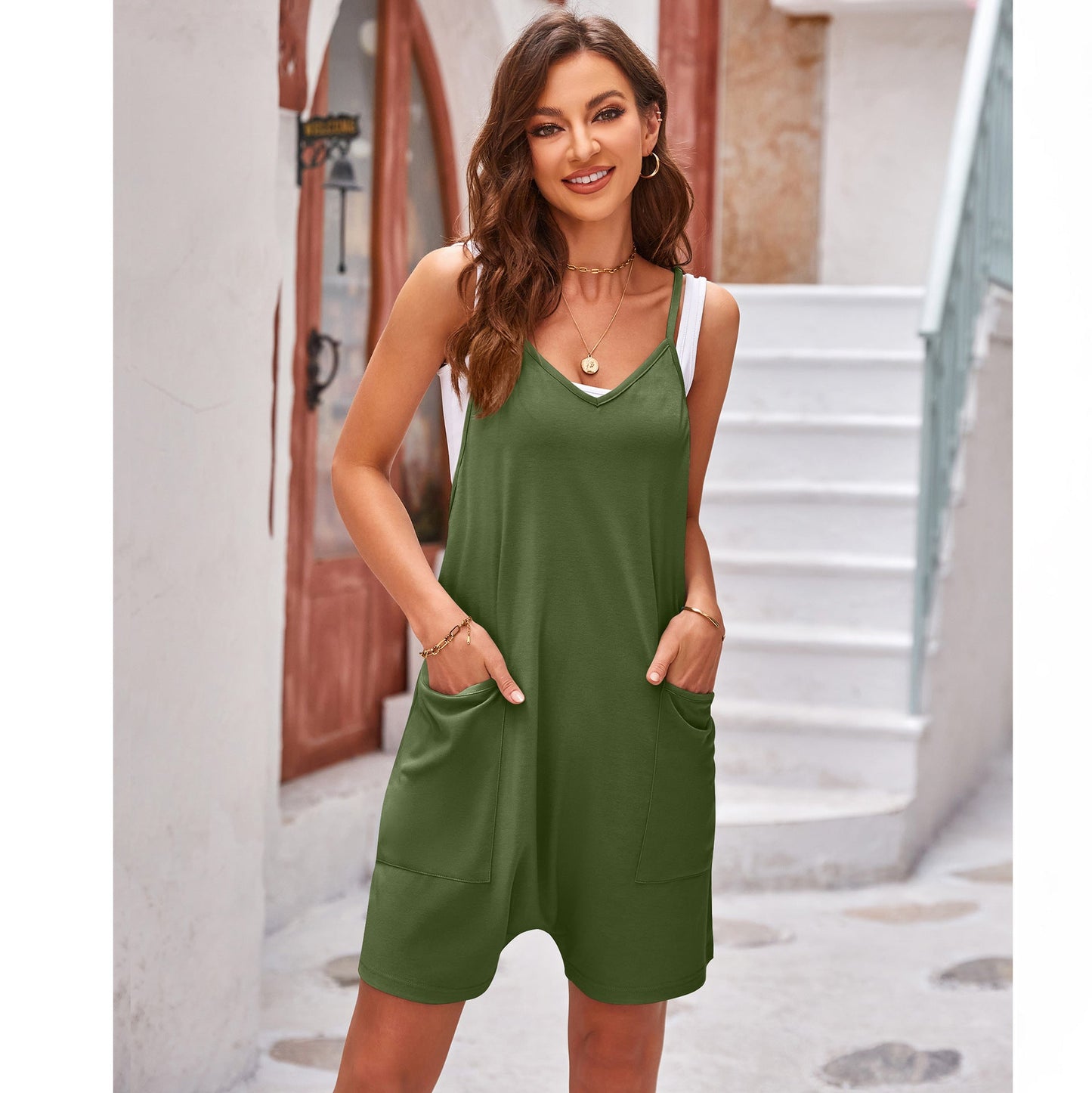 Casual Pocket Spaghetti Straps Knitted Shorts Jumpsuit