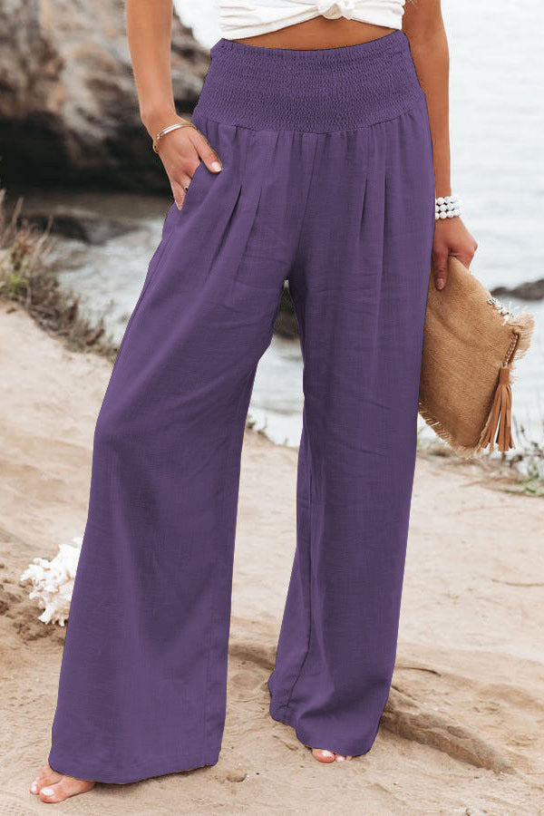 Cotton Linen Elastic Waist Wide Leg Pants