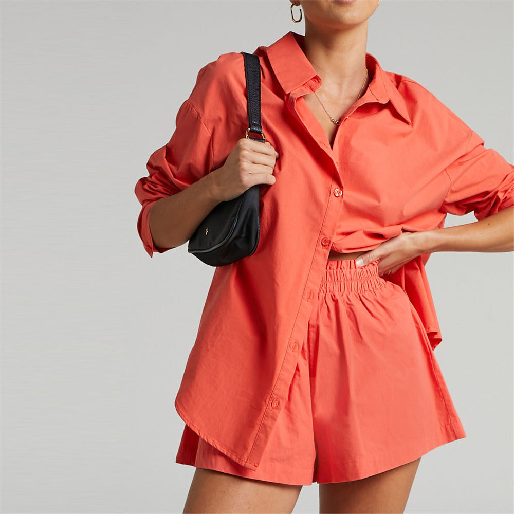 Two Piece Set Solid Color Single Breasted Long Sleeve Collared Shirt Shorts Loose Casual Set