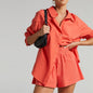Two Piece Set Solid Color Single Breasted Long Sleeve Collared Shirt Shorts Loose Casual Set
