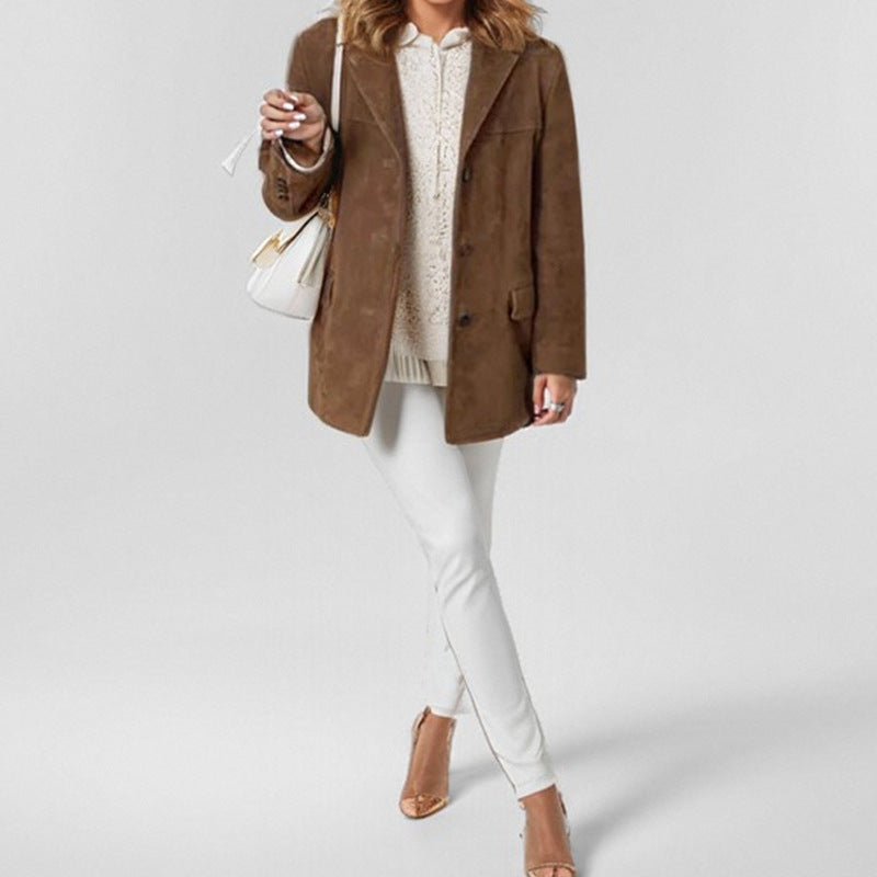 Elegant Retro Brown Loose Long Sleeve Blazer