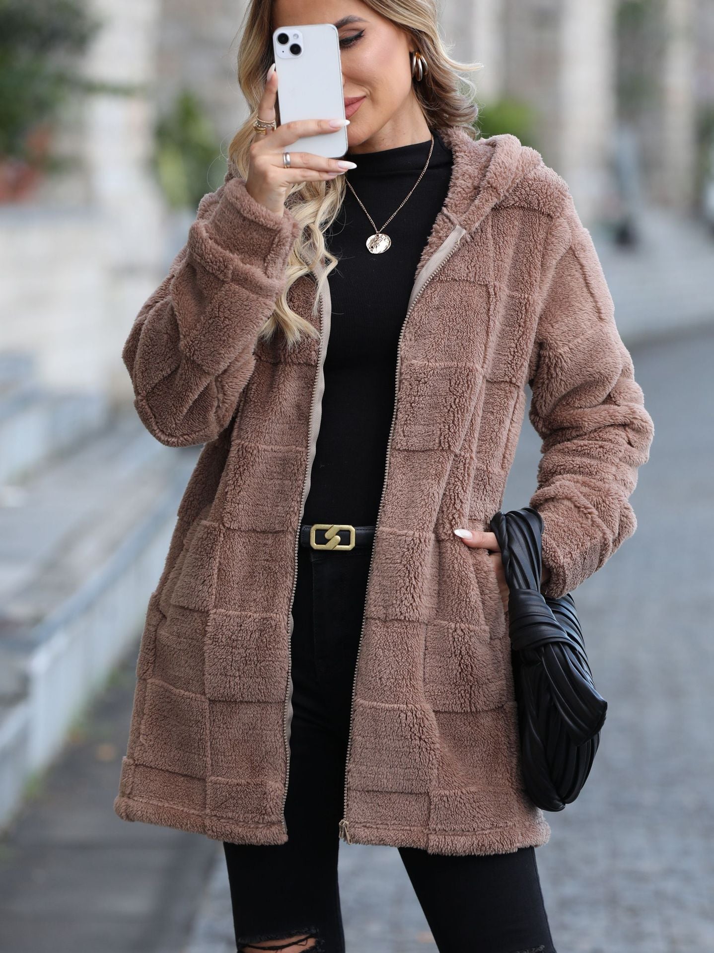 Loose Hooded Long Cardigan Plush Coat