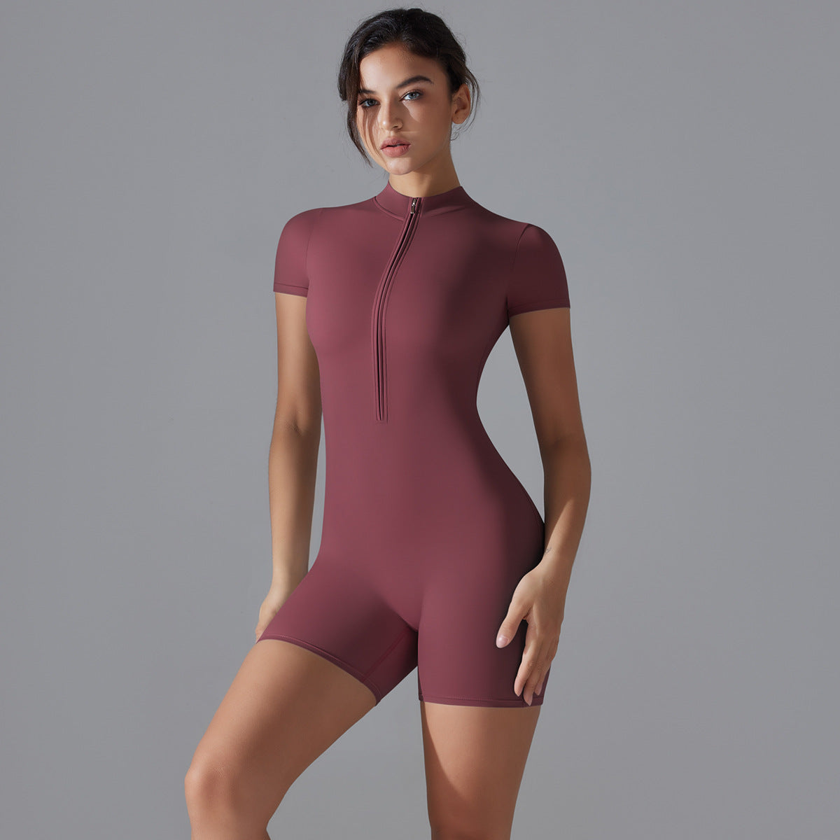 Zipped Short Sleeve Slim Fit One-Piece Jumpsuit