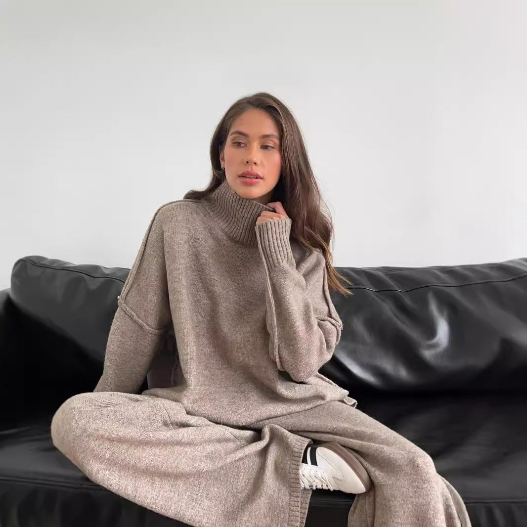 High Neck Split Wool & Knitted Trousers Two-Piece Set