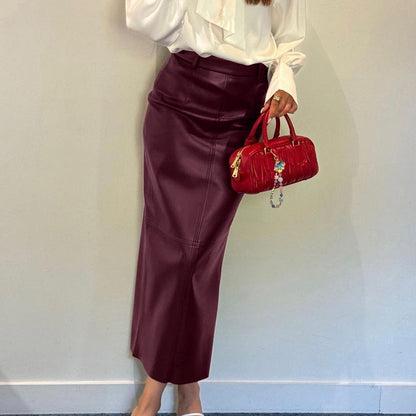 High Waist Split Faux Leather Wine Red Long Sheath Skirt