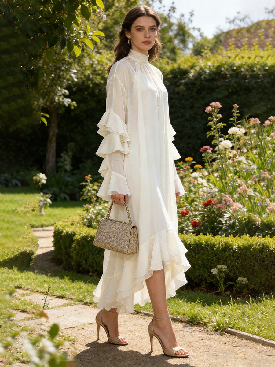 High Neck Ruffled Maxi Dress Bell Sleeve Two-Piece Dress