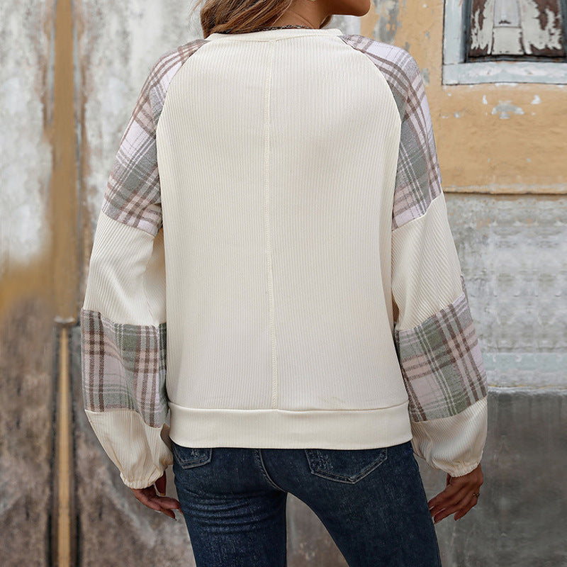 Casual Plaid Colorblock Round Neck Sweatshirt