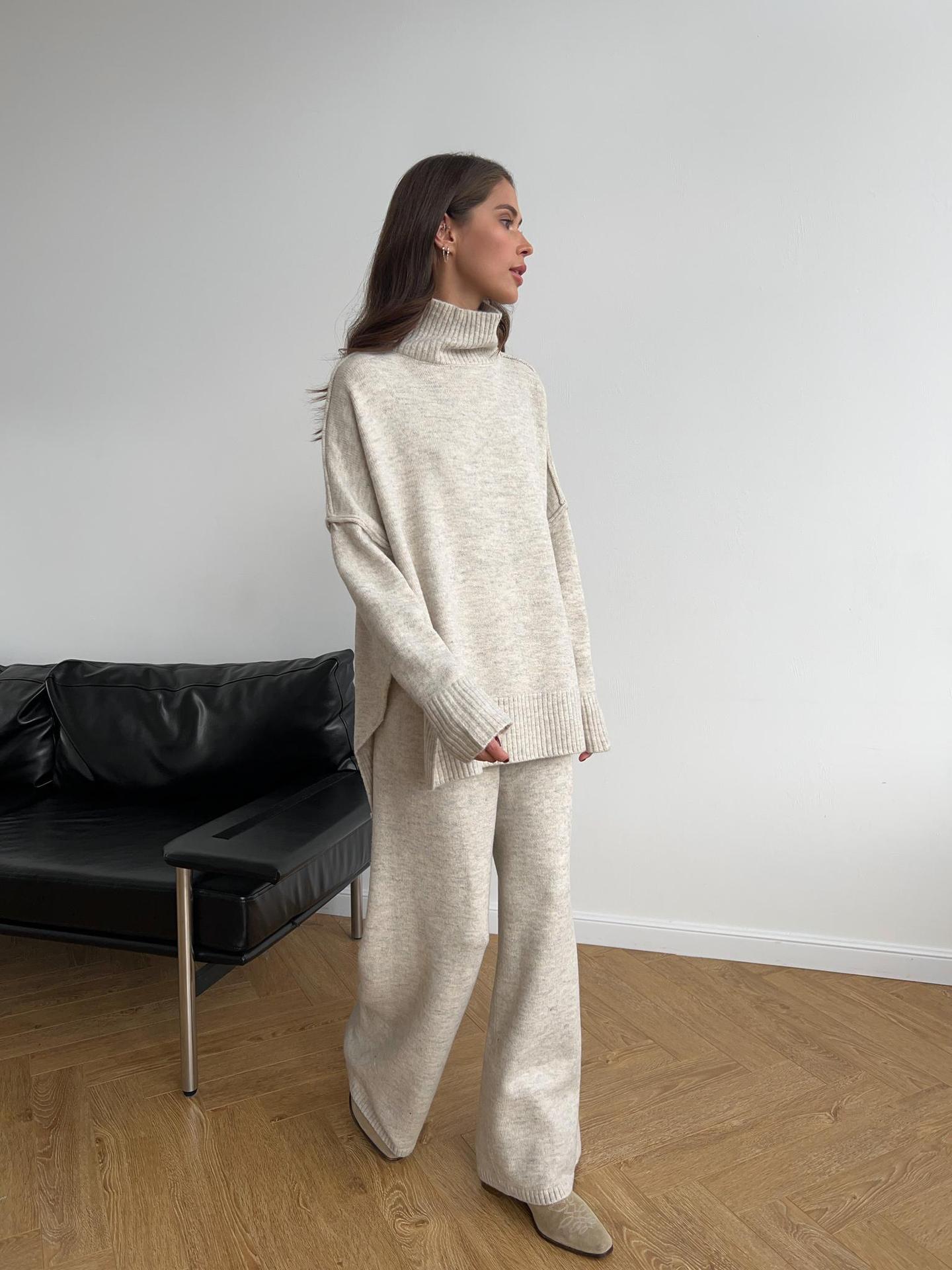 High Neck Split Wool & Knitted Trousers Two-Piece Set