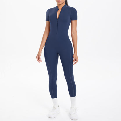 Open Collar Zipper w/ Chest Pad Short Sleeve Skinny One Piece