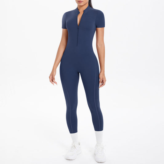 Open Collar Zipper w/ Chest Pad Short Sleeve Skinny One Piece