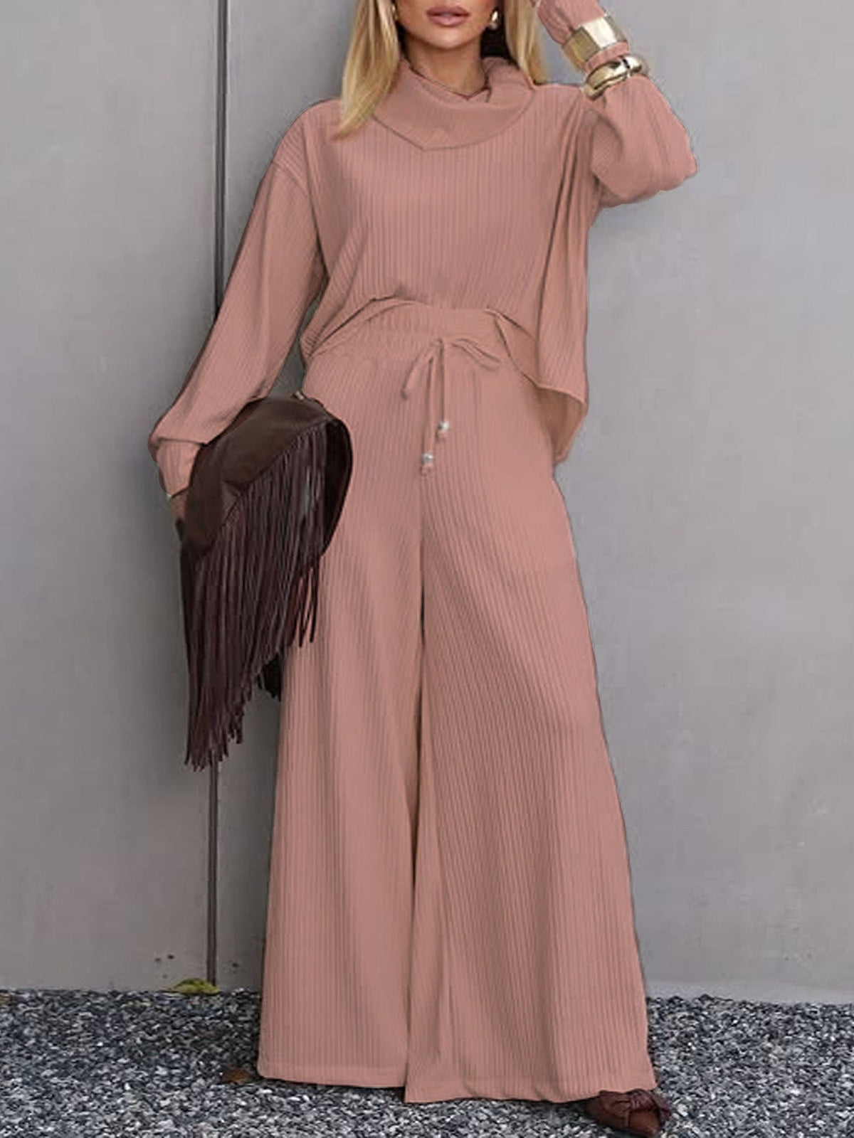 Turtleneck Long Sleeve Wide Leg Trousers Casual Two-Piece Set