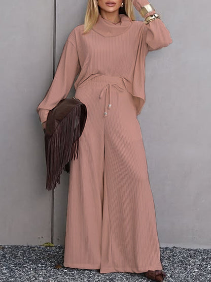 Turtleneck Long Sleeve Wide Leg Trousers Casual Two-Piece Set