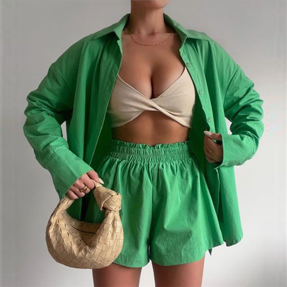 Two Piece Set Solid Color Single Breasted Long Sleeve Collared Shirt Shorts Loose Casual Set