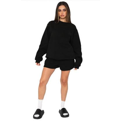 Solid Color Round Neck Long Sleeve Sweater Women Casual Shortt Set